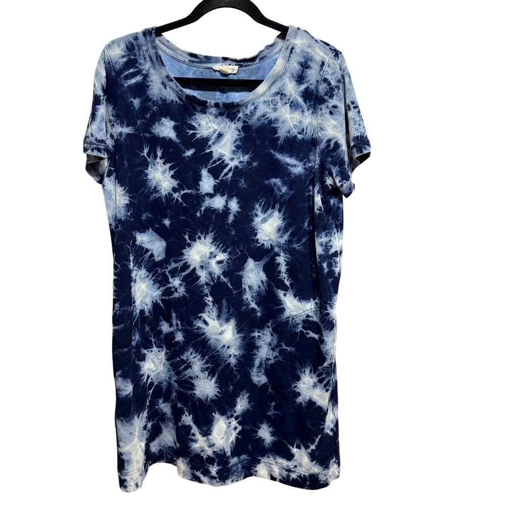 Blue White Tie Dye Short Sleeve T-Shirt Dress Pockets Mini Shift Relaxed Sz L